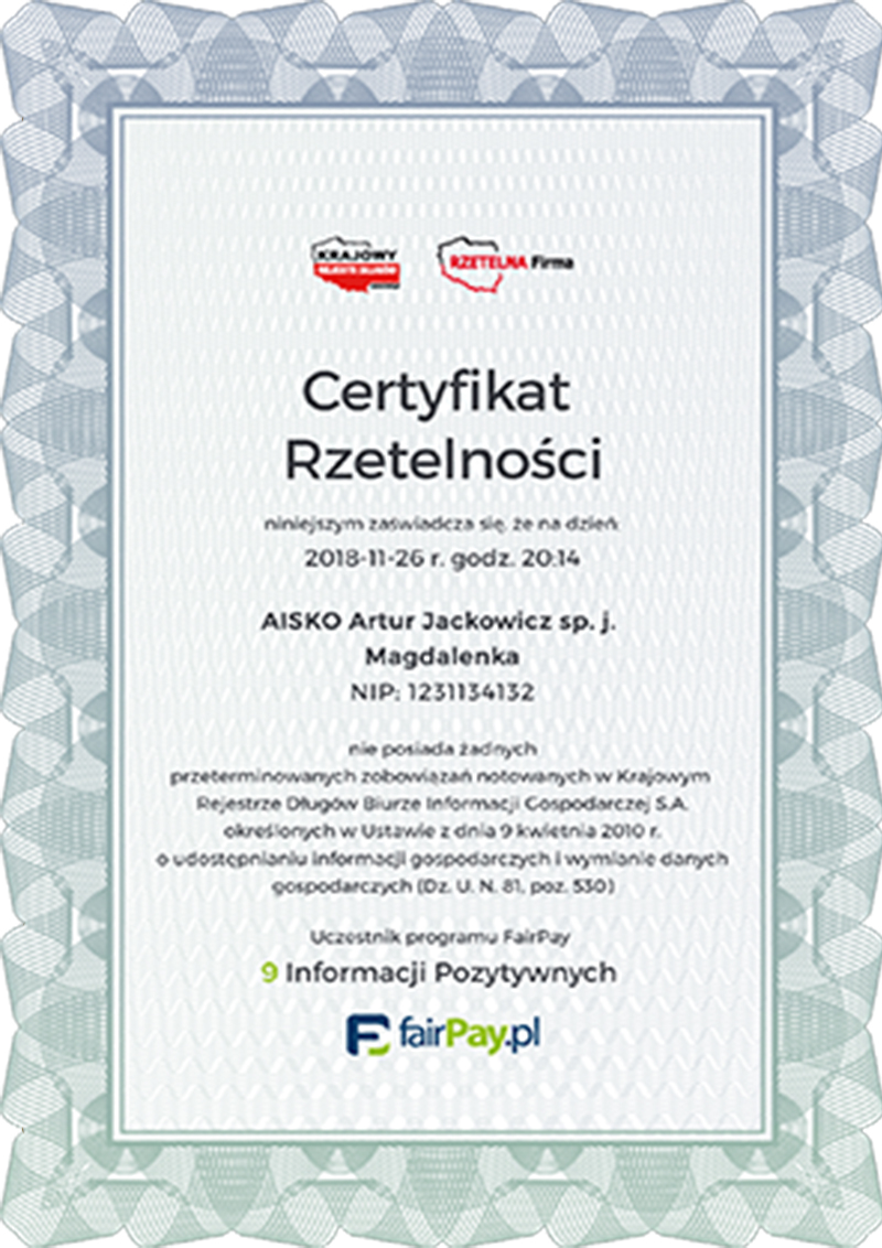 Certyfikat Rzetelności 2018